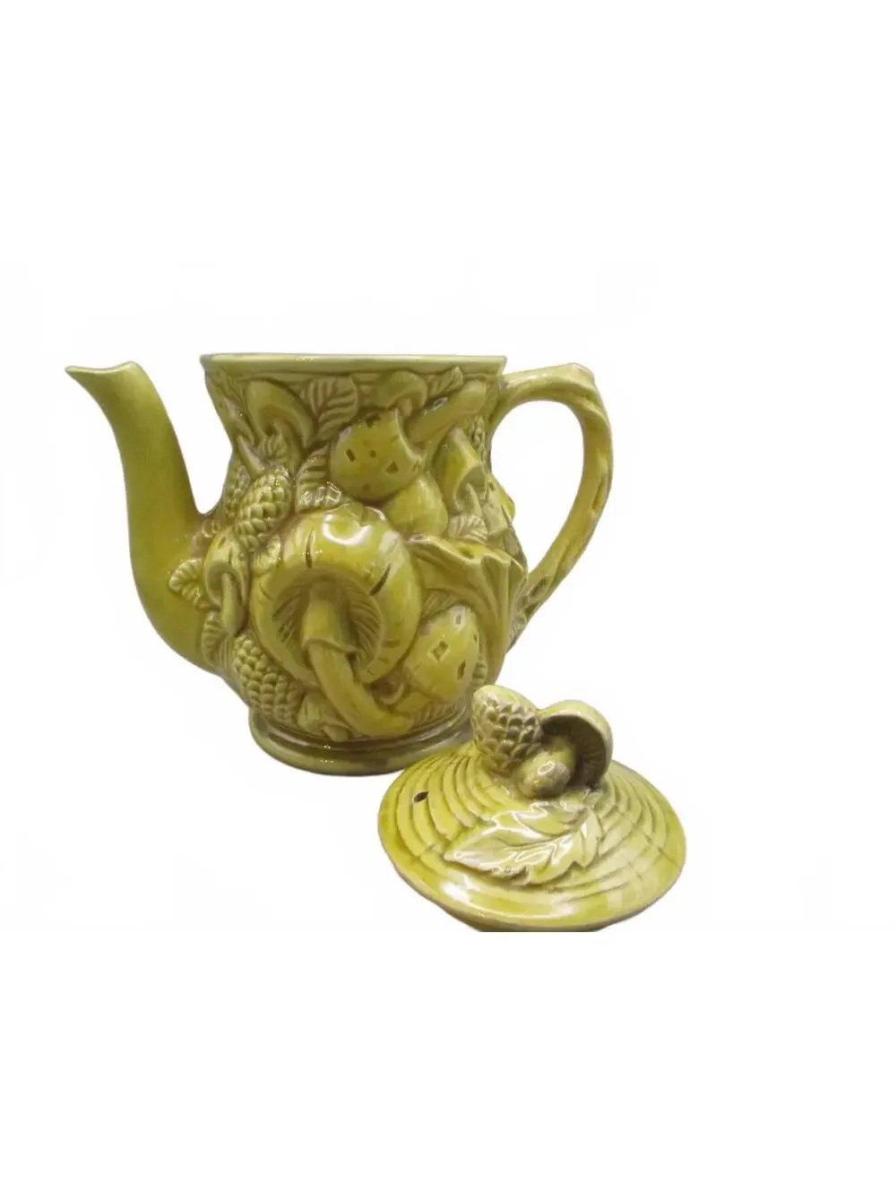 Vintage 1970s Japanese Majolica Mushroom Teapot Yellow Pinecone Relief